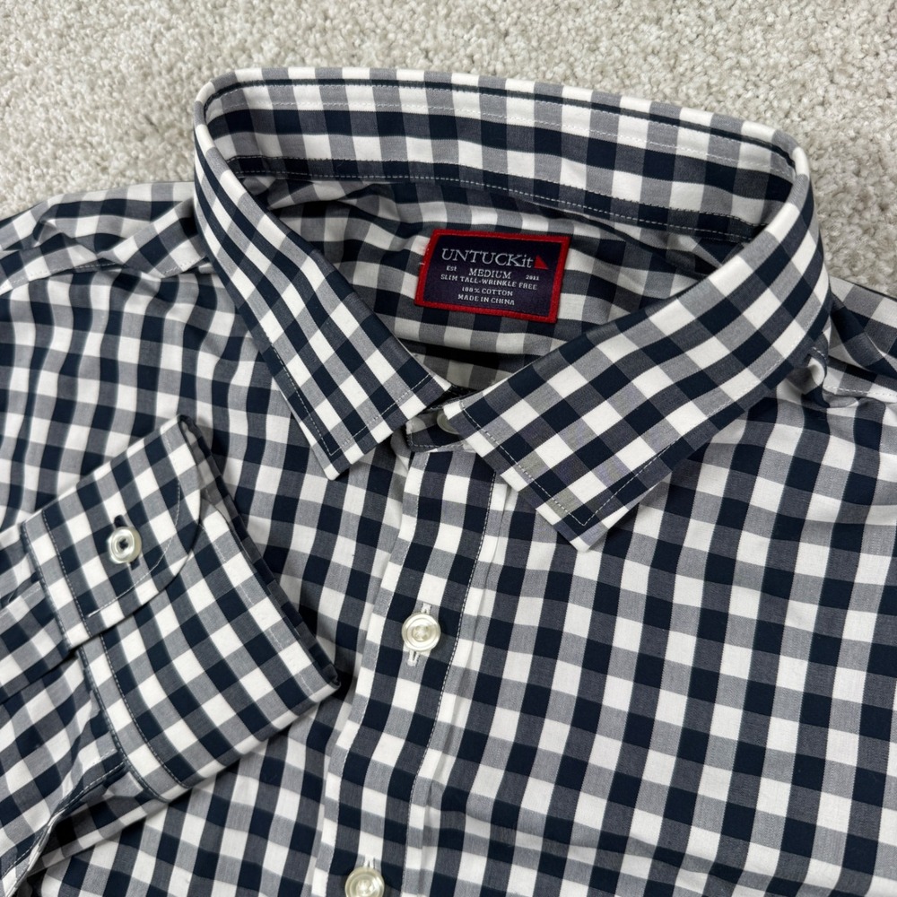 UNTUCKit Button Down Shirt Mens Medium Navy Gingham Slim Fit Wrinkle Free